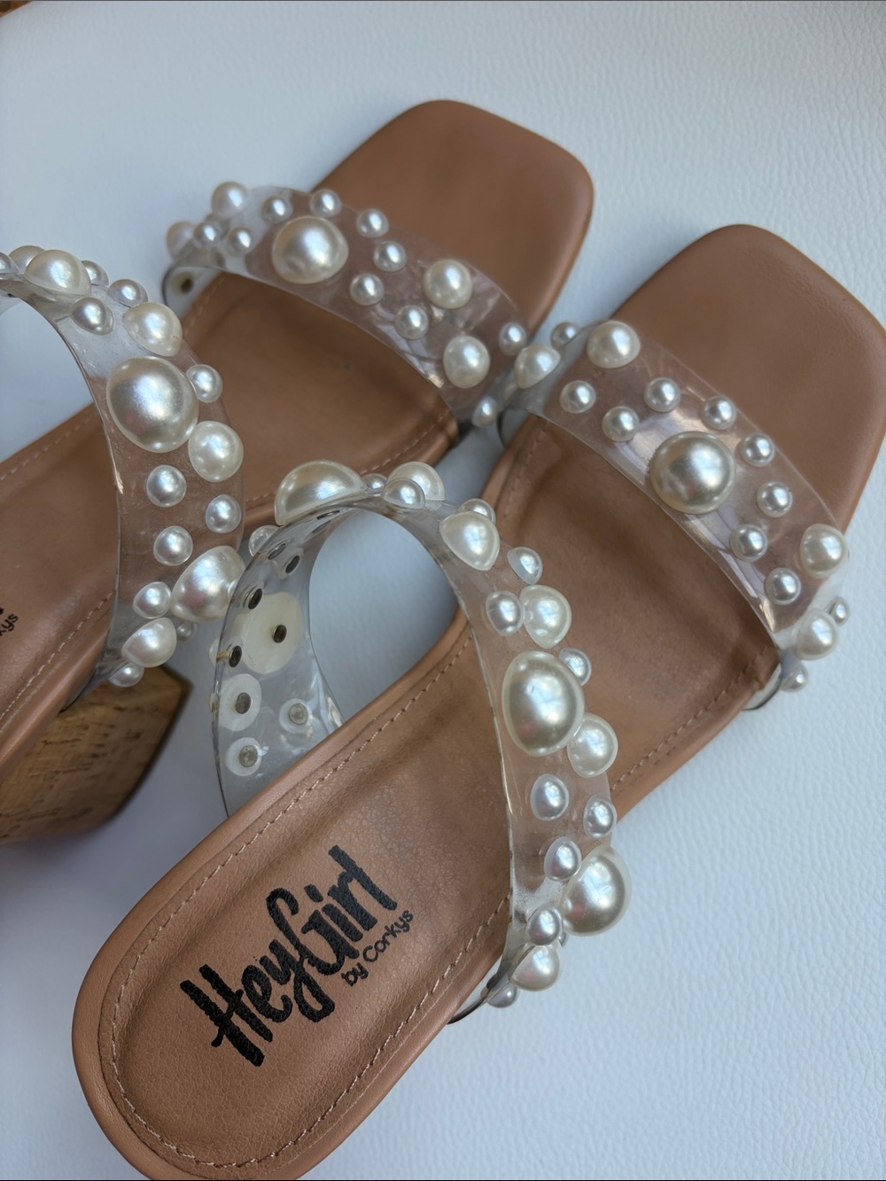 Corkys Hey Girl Tan Wedge Slides with Pearl-Studded Clear Straps